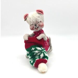 Annalee Christmas Mouse Doll Red Snowflake Dress Knit Stocking 6 Inch‎ Grey Felt